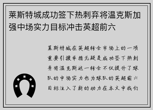 莱斯特城成功签下热刺弃将温克斯加强中场实力目标冲击英超前六